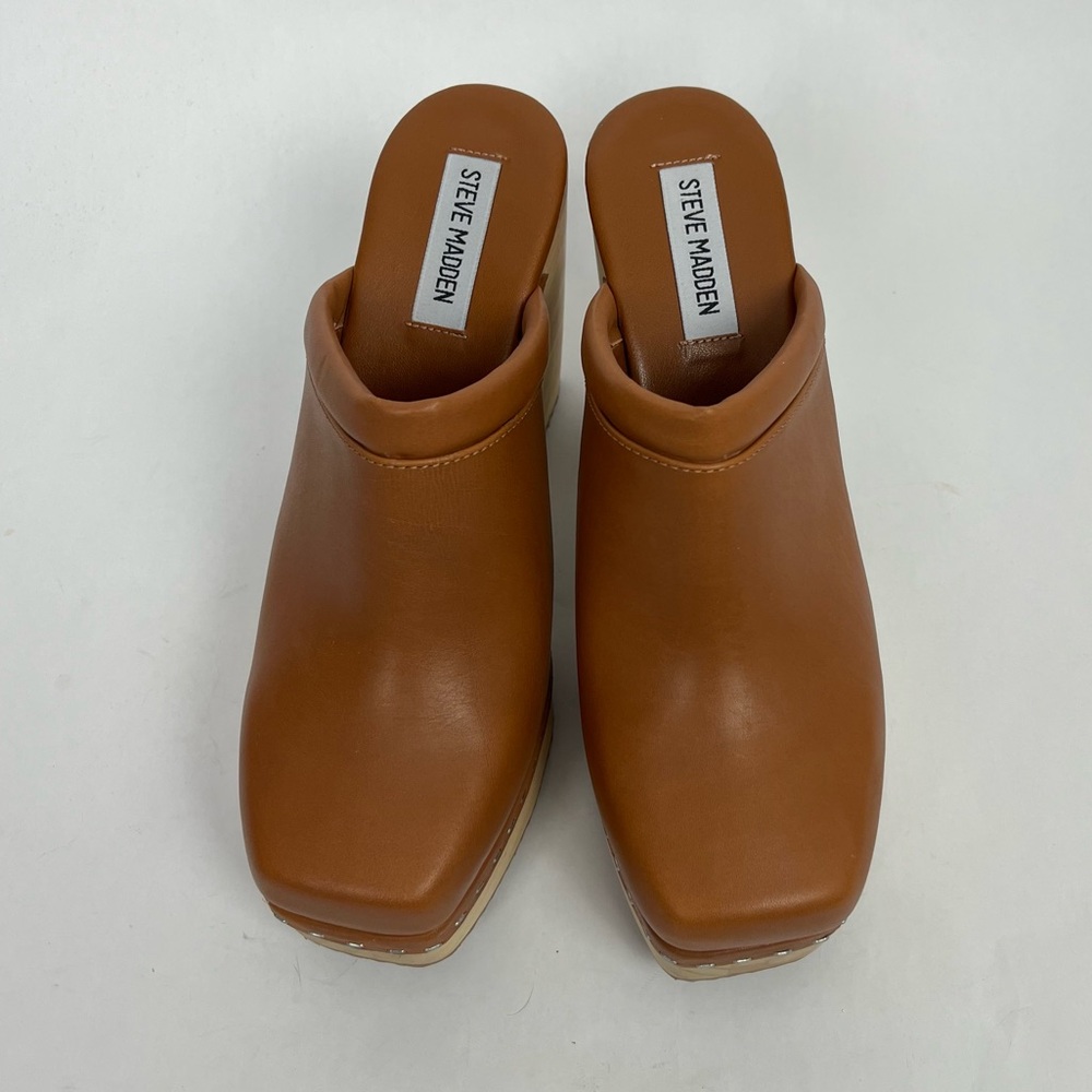 Steve Madden Cognac Leather Brown Platform Clog Mules - Picture 4 of 9